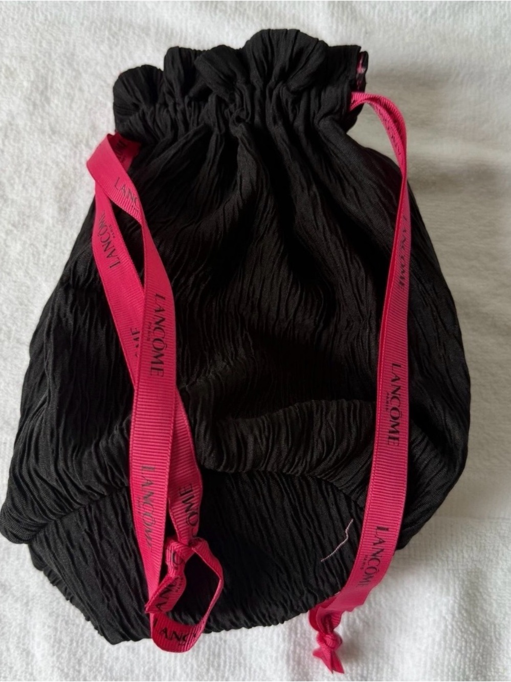 Lancome Black Drawstring Cosmetic Pouch with Pink Logo Straps